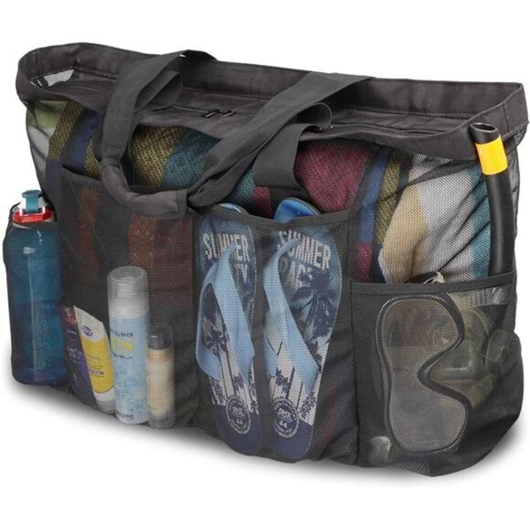 Extra Large Beach Bag,XL Mesh Tote with Zipper and Pockets Ideal for Your Family - Picture 9 of 16